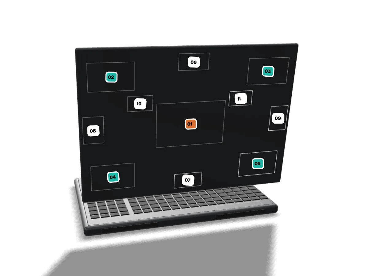 The 18-inch laptop that makes the journey, its lid lifted to show the eleven numbered sponsor spots